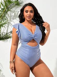 Swim Lushoire Plus Size Striped And Printed V-Neck One-Piece Swimsuit With Twist Knot, Ruffles, And Pleats Summer