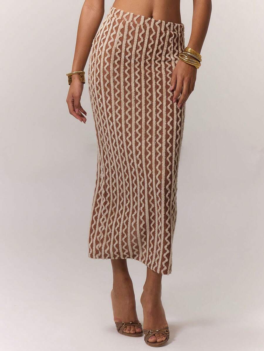 MUSERA Textured Contrast Stripe Skirt Boho Summer Cute Vacation - Camel - View 1