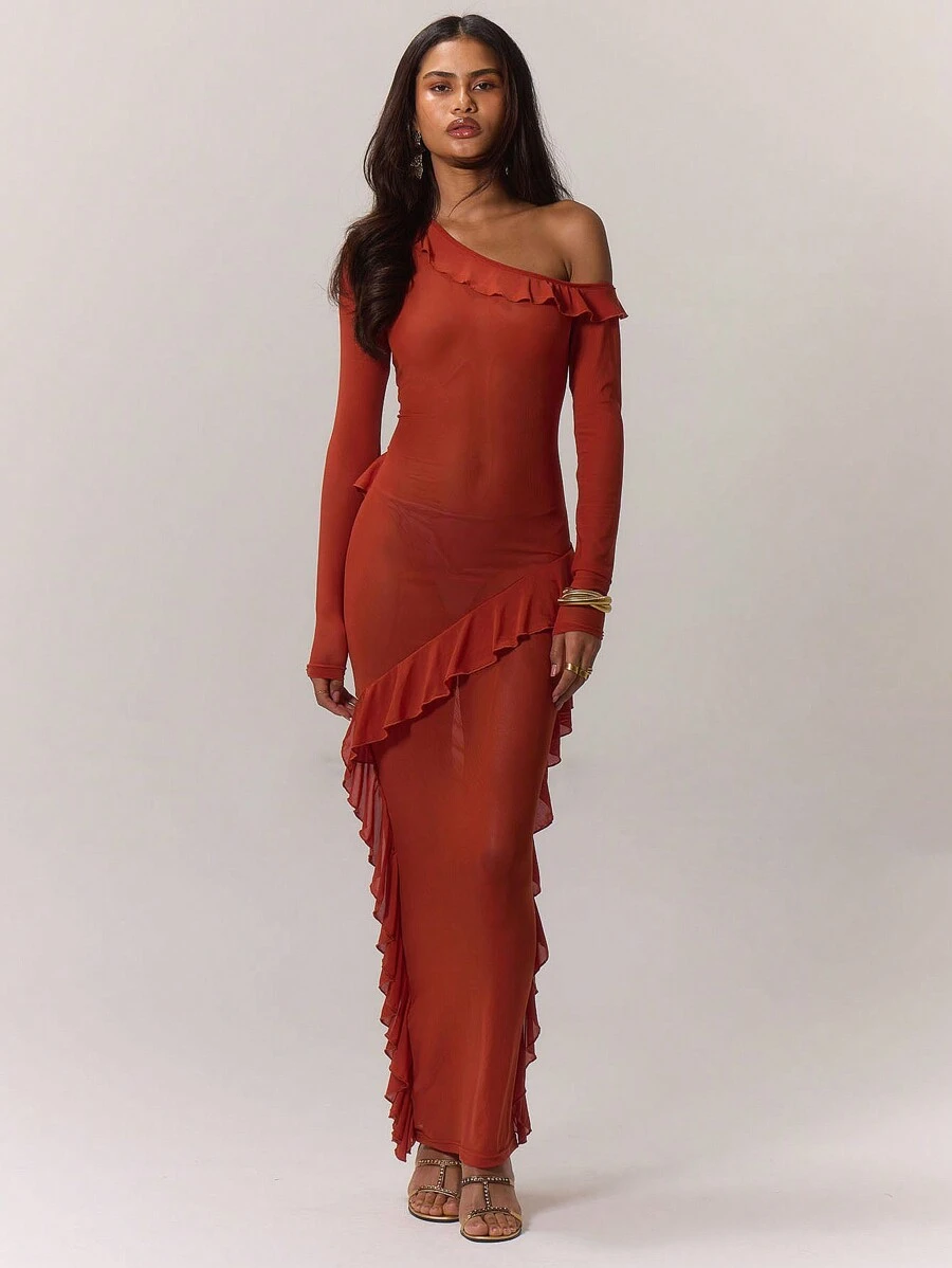 MUSERA Mesh Frill Detail Maxi Dress, For Wedding Guest, Summer, Elegant - Coral Orange - View 1