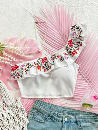 SHEIN Dreamara Vacation Retro Embroidery Asymmetrical Neck Top With Ruffle Trim