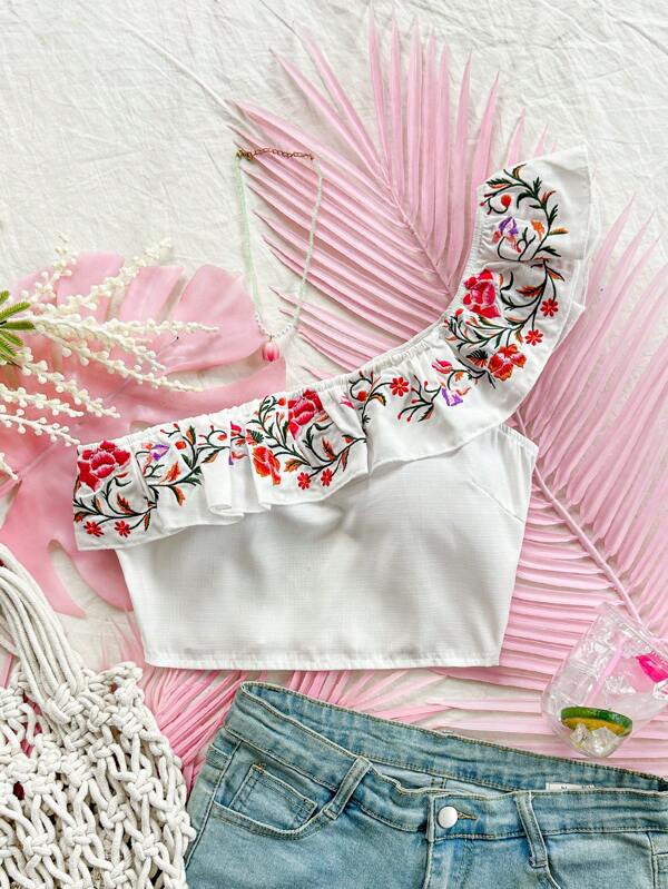 SHEIN Dreamara Vacation Retro Embroidery Asymmetrical Neck Top With Ruffle Trim