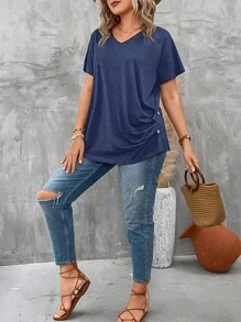 SHEIN LUNE Plus Size Women's Solid Color V-Neck Short Sleeve Pleated Casual T-Shirt, Summer - Navy Blue - View 5