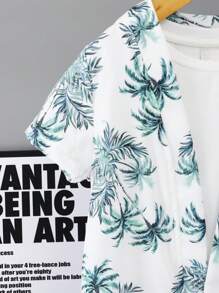 SHEIN 2pcs/Set Young Boys' Casual & Comfy & Fashionable & Versatile & Soft & Breathable Coconut Tree Printed Short Sleeve Shirt And Shorts Set, Great For Vacation In Spring/Summer - White - View 4