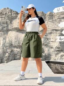SHEIN EZwear Cộng với quần short có túi nắp bên hông, quần short chở hàng mùa hè - xanh quân đội - Xem 5
