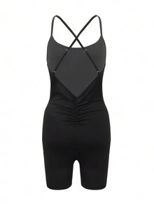 Rückenfreier Trainingsanzug Jumpsuit Unitard für Frauen, Tummy Control, ärmellos, V-Rücken, Scrunch Yoga Romper Unitards - Schwarz - Übersicht 2