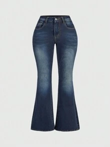 ROMWE Grunge Punk Quần Jeans Ống Loe Cỡ Lớn Cho Nữ Được Trang Trí Bằng Đá Pha Lê Chữ Thập & Hotfix, Trường Học - Màu xanh hải quân - Xem 4