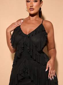 SHEIN BAE Vestido de malla negra con volantes y tirantes para mujer talla grande, vestidos de cumpleaños para mujeres