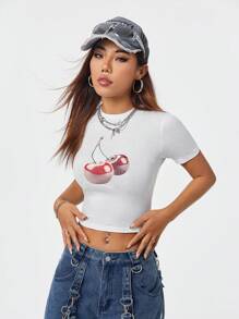 SHEIN EZwear Street Cool All-Match Women's Slim Fit T-Shirt With Pixelated Fruit Cherry Print, Spring And Summer