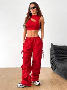 Coolane Set de 2 piezas de top sin espalda asimétrico y pantalón cargo fruncido tipo streetwear de baloncesto para mujer