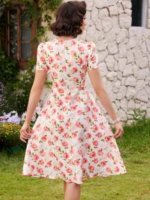 Vintamour 复古优雅女式宽松连衣裙，春/夏，花卉图案，方形领口，短袖，粉色，度假伞形下摆复古夏装节日服装超长女式连衣裙毕业礼服毕业乡村音乐会服装新娘送礼会礼服婚宴礼服夏季女式连衣裙粉色 - 粉色 - 查看 6