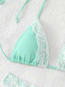 SHEIN Swim Women's Summer Beach Solid Color Lace Spliced Halter Neck Tie Sexy Bikini Set - Mint Blue - View 4