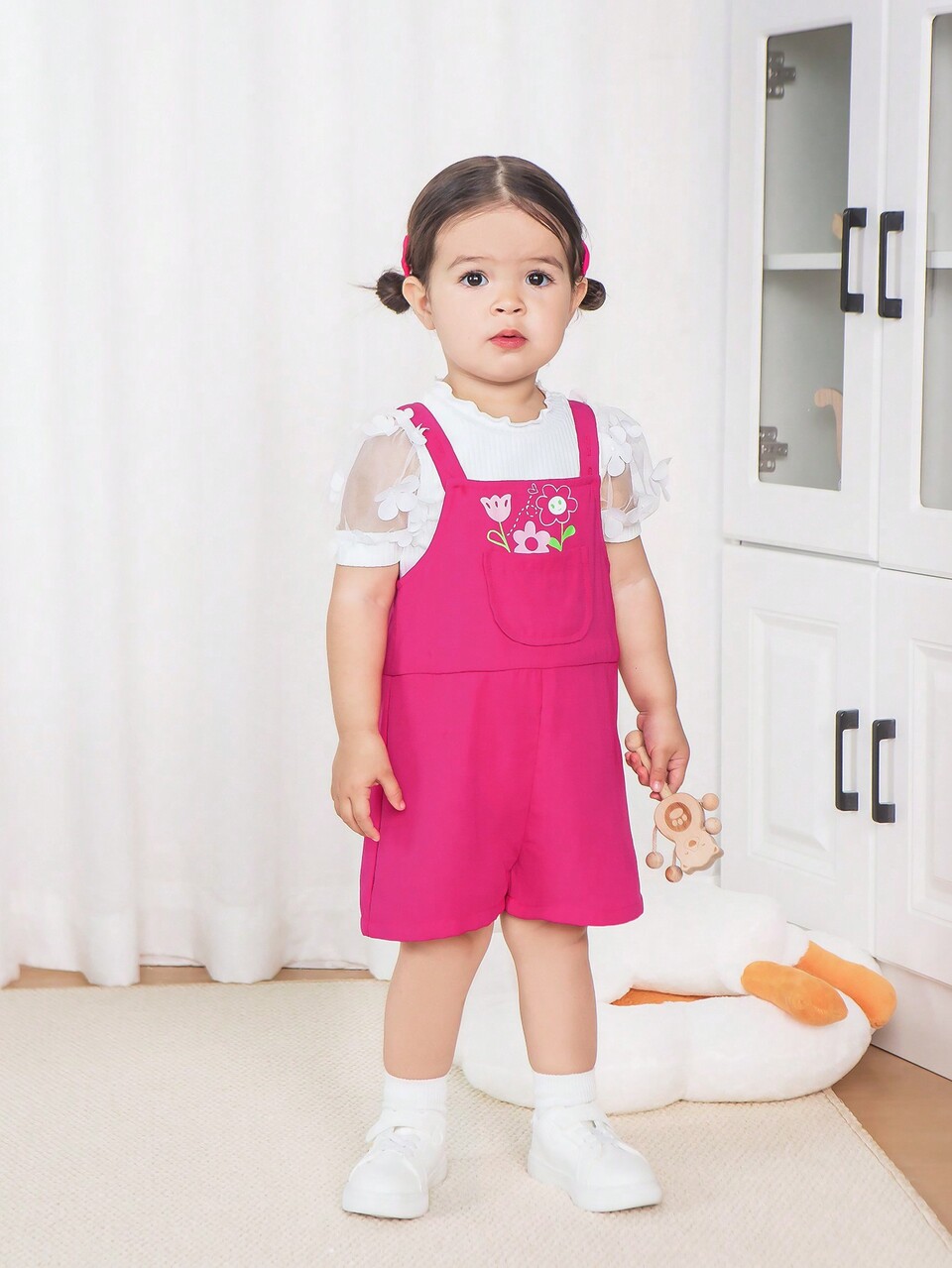 Cute Baby Girl Knitted Mesh Contrast Short Sleeve Top And Cartoon Pattern Overalls Set