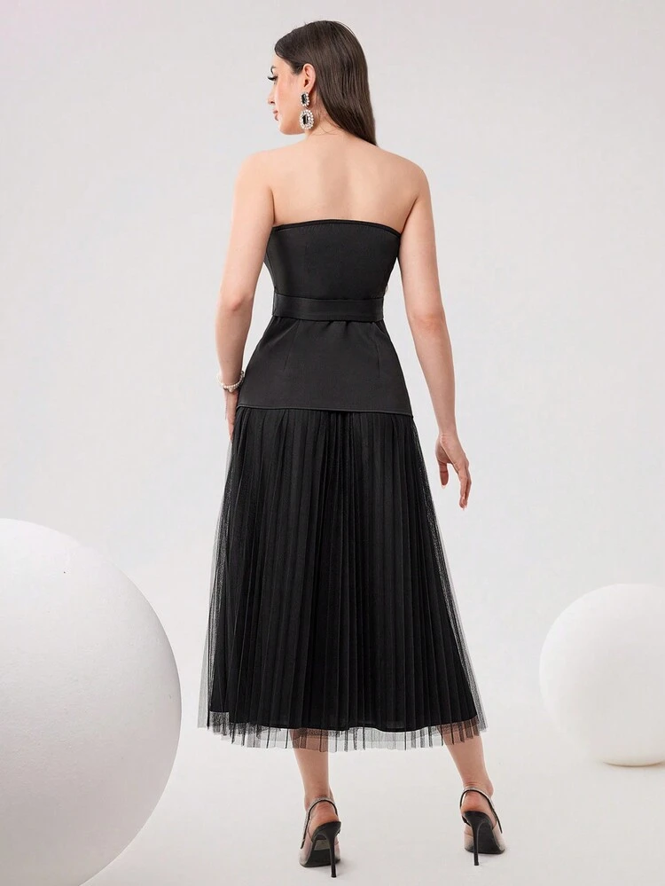Women's Plain Rhinestone Decorated Tube Top And Mesh Skirt Set