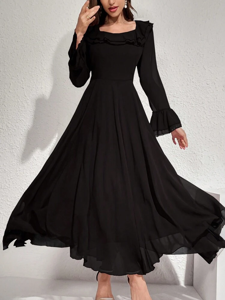 Modelyn Women's Solid Color Long Sleeve Ruffle Hem Elegant Summer Dress Maxi Women Outfit Long Evening Dresses Fall Cloth For Women - Black - View 6
