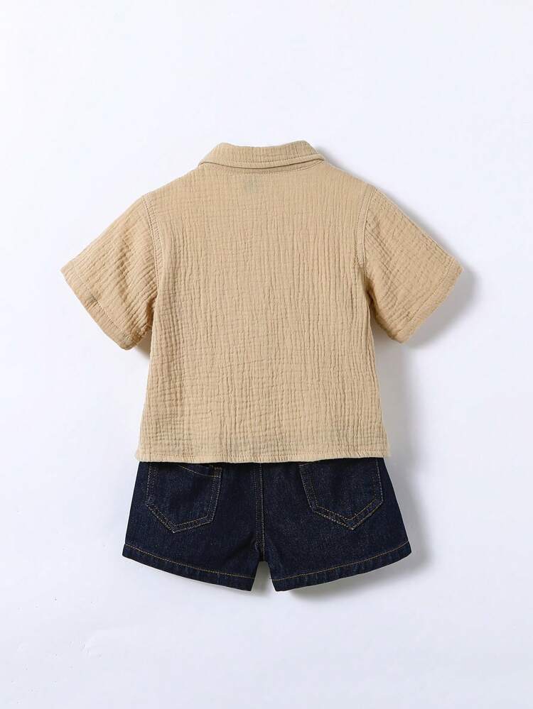 BABY BOY All-Match Casual Khaki Wrinkled Shirt & Camera Patterned Waistband Dark Wash Denim Shorts Set