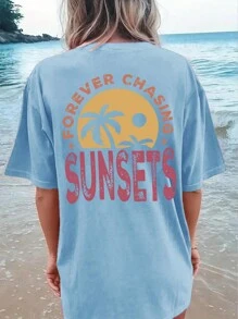 INAWLY 女式夏季棕榈树字母印花圆领落肩宽松休闲 T 恤 FOREVER CHASING SUNSETS - 淺藍色 - 查看 1