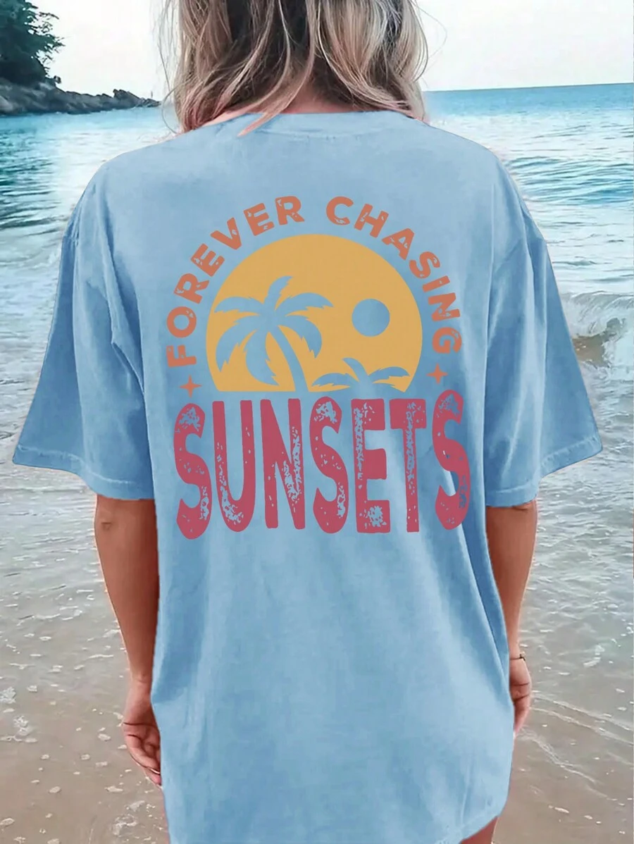 INAWLY 女式夏季棕榈树字母印花圆领落肩宽松休闲 T 恤 FOREVER CHASING SUNSETS - 淺藍色 - 查看 1