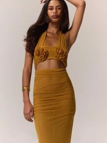 SHEIN X Scheana MUSERA 优雅网纱花卉拼接露背长裙，适合度假、夏季婚礼宾客、海滩度假、伊比沙岛音乐节、西部风情之夜、婚礼宾客、优雅、约会之夜、秋季、冬季派对、夏季穿搭