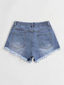 SHEIN EZwear 女士牛仔短褲，破壞口袋和鬆散邊緣設計，休閒風格 - 深色水洗藍 - 查看 2