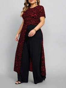SHEIN Lady Mono de manga corta con estampado de leopardo de moda para mujeres de talla grande - Burdeos - Ver 3
