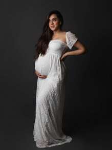 Maternity Off Shoulder Lace Overlay Dress For Maternity Photoshoot