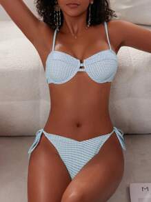 SHEIN Swim 女士夏季海滩格子吊带丁字裤比基尼套装，性感两件套比基尼套装 - 彩色 - 查看 4