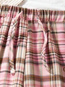 SHEIN 少女格紋寬鬆寬腿休閒長褲，腰部系帶和口袋設計 - 彩色 - 查看 3