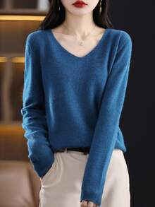 100%美麗諾羊毛女士毛衣V領套頭上衣，第一線現貨，休閒長袖無縫針織毛衣 - 藏蓝色 - 查看 2