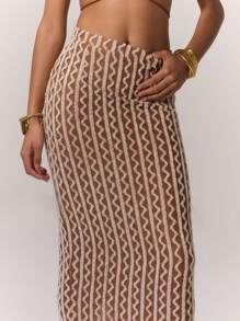 MUSERA Textured Contrast Stripe Skirt Boho Summer Cute Vacation - Camel - View 5