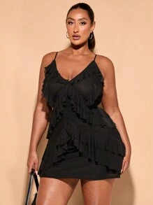 SHEIN BAE Vestido de malla negra con volantes y tirantes para mujer talla grande, vestidos de cumpleaños para mujeres