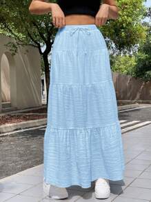 SHEIN EZwear 夏季淺藍色編織女式荷邊裙 - 淺藍色 - 查看 1