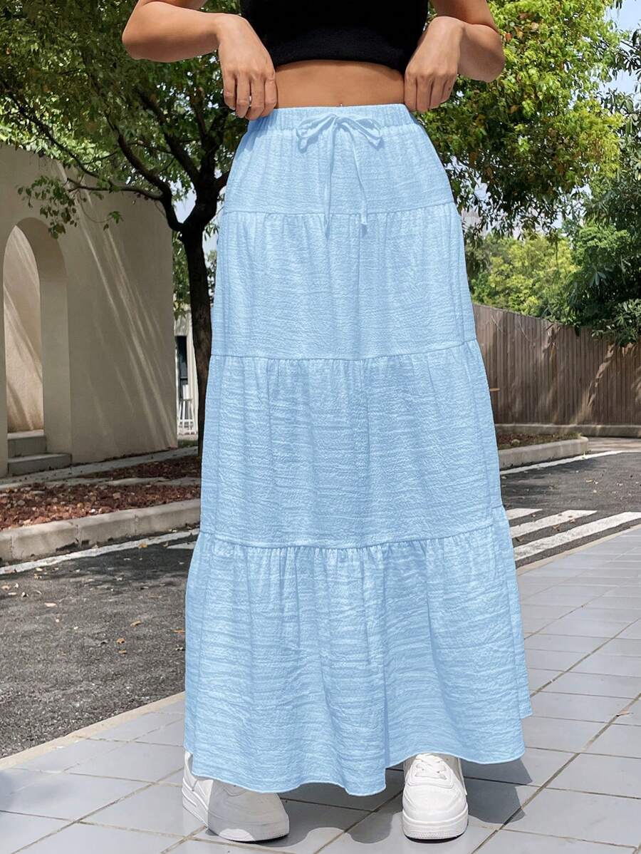 SHEIN EZwear 夏季淺藍色編織女式荷邊裙 - 淺藍色 - 查看 1