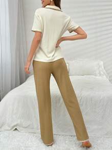 Colorblock Pocketed Open Front Piping Trimmed Collar Women's Pajama Set