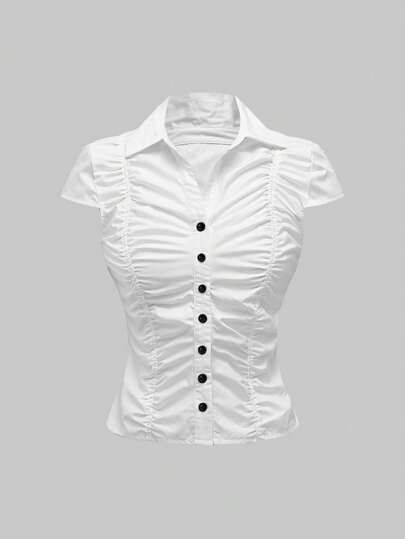 Crop top aderente da donna stile college Y2K bianco con vita incintata, ideale per la scuola