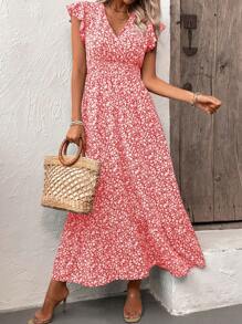 SHEIN LUNE Random Cut Floral V-Neck Cap Sleeve Summer Holiday Style Dress - Red - View 1