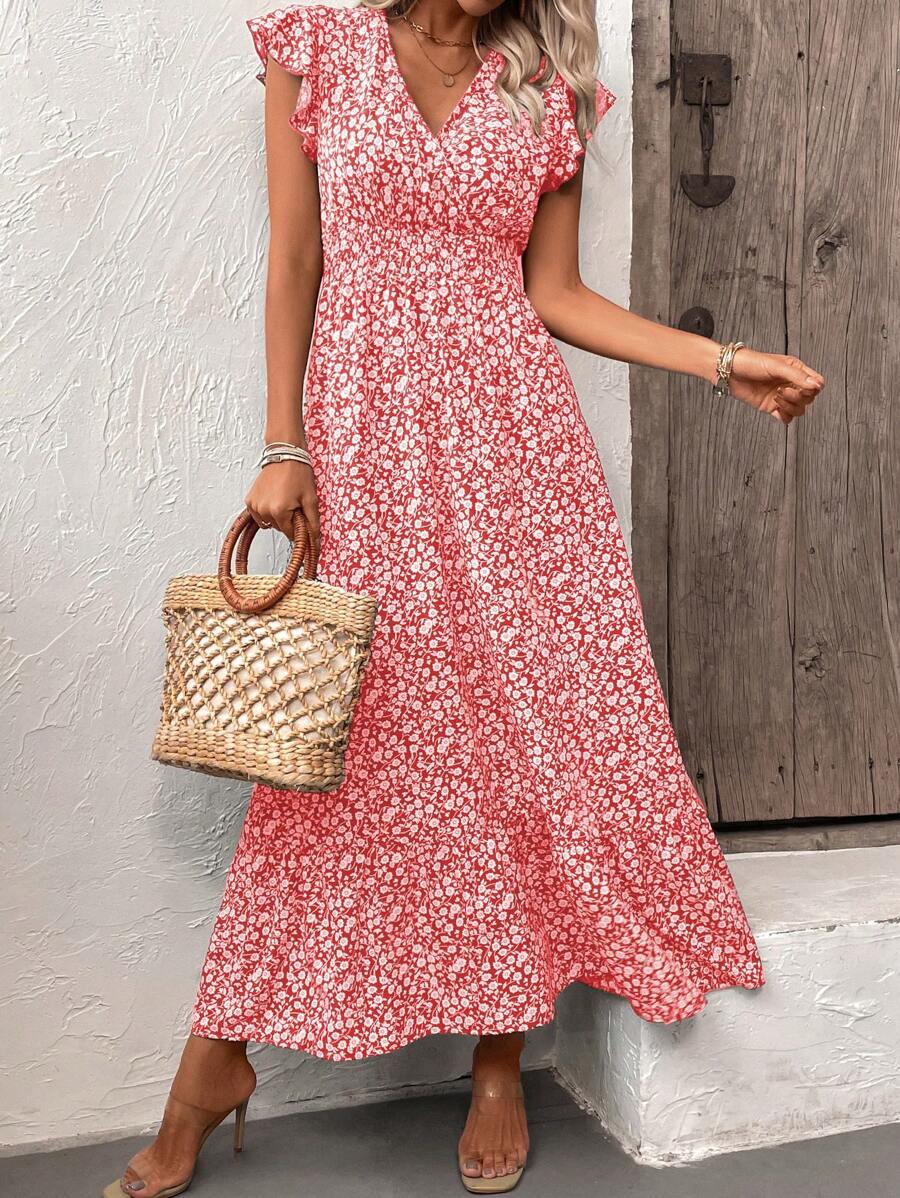 SHEIN LUNE Random Cut Floral V-Neck Cap Sleeve Summer Holiday Style Dress - Red - View 1