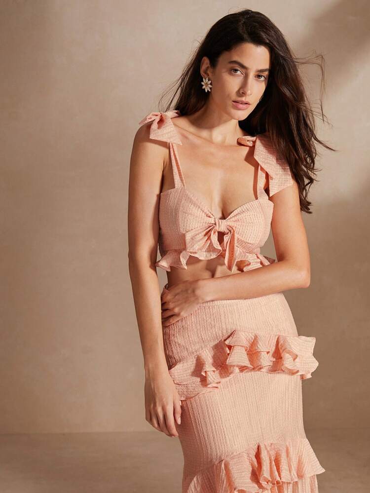 Women's Elegant Spaghetti Strap Solid Color Ruffle Trim Cami Top And Skirt Set