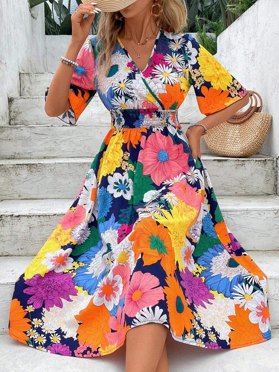 Breezaya Women's Vacation Style Shirred Printed Dress Maxi Vacation Beach Outfit - Multicolor - View 1