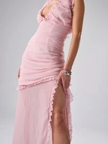 MUSERA Damska sukienka w jednolitym kolorze, dekolt w serek, bez rękawów, letnia, prześwitująca, asymetryczna, z falbankami na dole, seksowna i elegancka, na wiosnę i wyjście