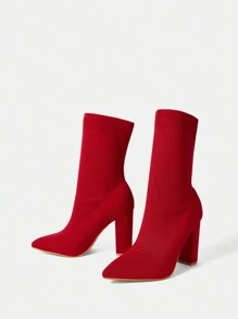 CUCCOO BASICS 尖头弹力粗跟高跟一脚蹬针织女靴圣诞节秋季新年假期 - 紅色 - 查看 6