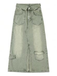 Women's Casual Fashionable Workwear High Slit Denim Skirt - Mint Green - View 3