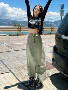 Women's Casual Fashionable Workwear High Slit Denim Skirt - Mint Green - View 5