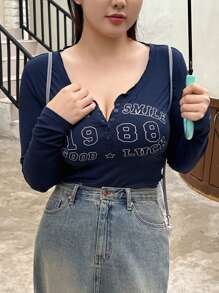 Dazy Petite Plus Plus Size Long Sleeve Jersey T-Shirt,Graphic Tees - Navy Blue - View 3