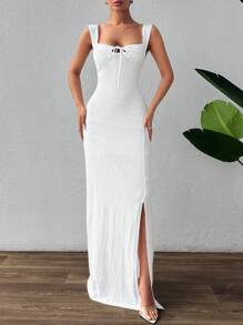 RueChic Women's Textured Fabric Long Front Knot Summer Cami Dress - White - View 5