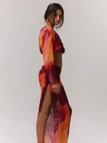 MUSERA 女士抽象印花长袖露脐上衣，夏季伊比沙岛度假款 - 玫瑰紅 - 查看 4