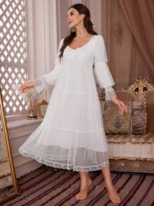 PalaceNights Polka Dot Mesh Lace Trim Pajama Night Dress Long Dress