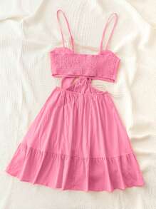 Soleia 度假女士夏季浪漫田園風橙色蝴蝶結裝飾空心泡泡紋肩帶連衣裙