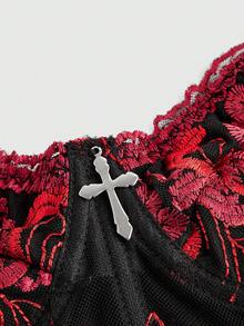 ROMWE Goth 深色哥特式宫廷风格花卉印花抹胸，女士分层单品 - 紅色 - 查看 3