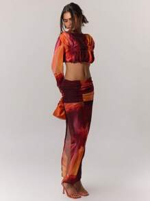 MUSERA 女士抽象印花长袖露脐上衣，夏季伊比沙岛度假款 - 玫瑰紅 - 查看 5