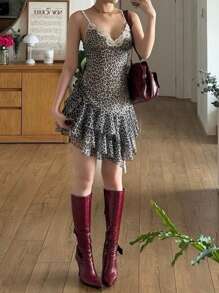 SHEIN EZwear 夏季Y2K豹紋不對稱蕾絲拼接分層網狀背心連身裙 - 彩色 - 查看 4